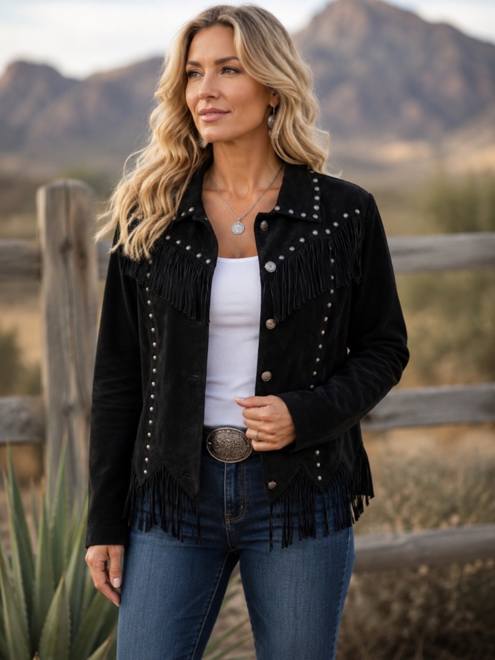 Saguaro Black Suede Leather Fringe Western Jacket | Red Satin Lining | Size L - Picture 16 of 16